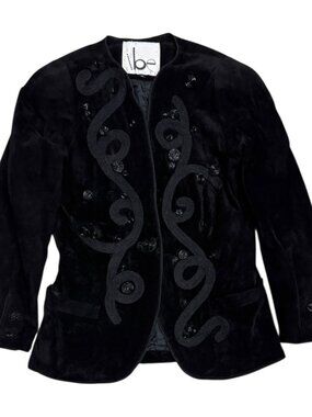 VINTAGE LEATHER SUEDE Beaded Black Business Casual Designer Jacket Womens Medium